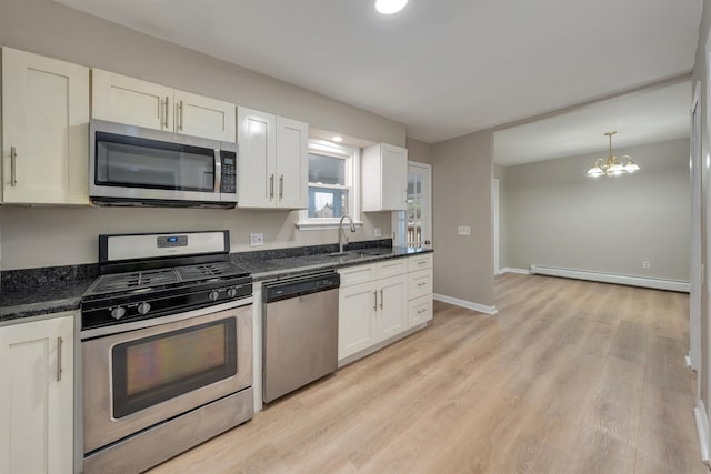 kitchen featuring sink, appliances with stainless steel finishes, white cabinetry, a baseboard heating unit, and light hardwood / wood-style floors