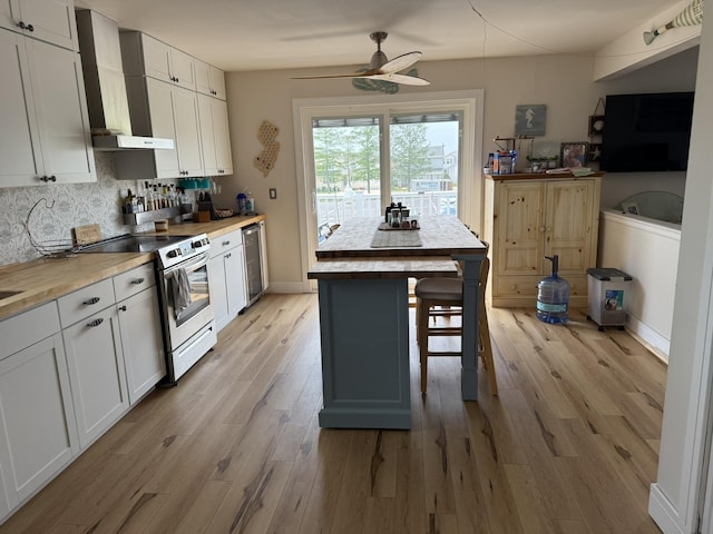 103 W Topeka Ave Unit 2, Wildwood Crest, NJ 08260 - kitchen featuring appliances with stainless steel finishes, wall chimney range hood, a ceiling fan, light wood-style flooring, and tasteful backsplash