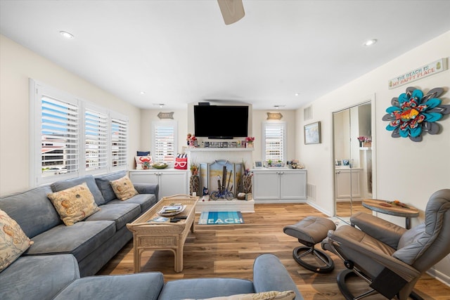 living room with ceiling fan, a healthy amount of sunlight, and light wood-type flooring