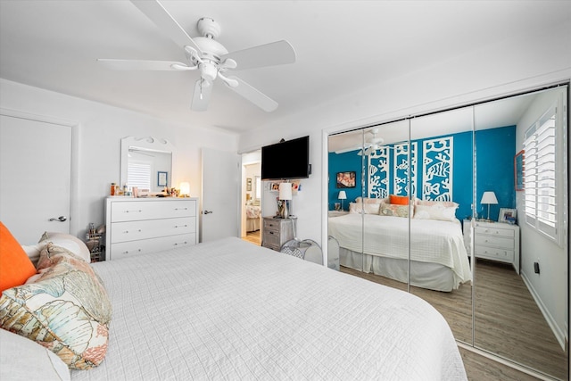 bedroom featuring multiple windows, wood-type flooring, a closet, and ceiling fan