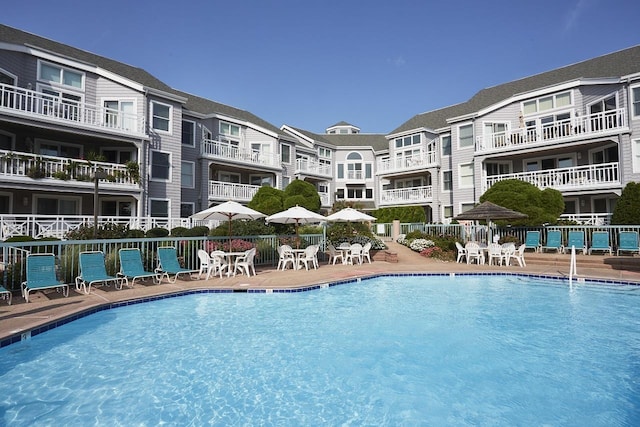 view of swimming pool with a patio