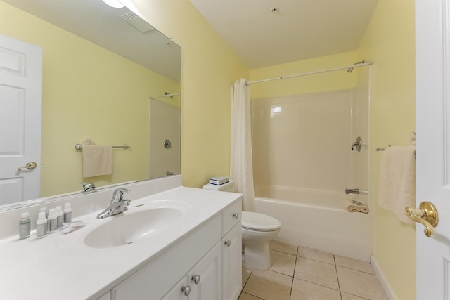 full bathroom with tile patterned flooring, vanity, shower / bathtub combination with curtain, and toilet