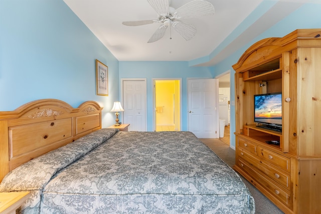 bedroom featuring ceiling fan and carpet flooring