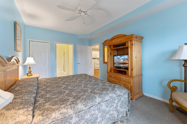 bedroom with carpet floors, ceiling fan, and a closet