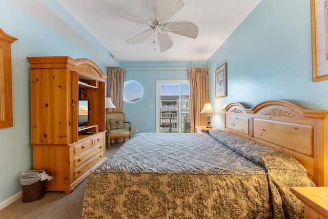 carpeted bedroom with ceiling fan and access to exterior