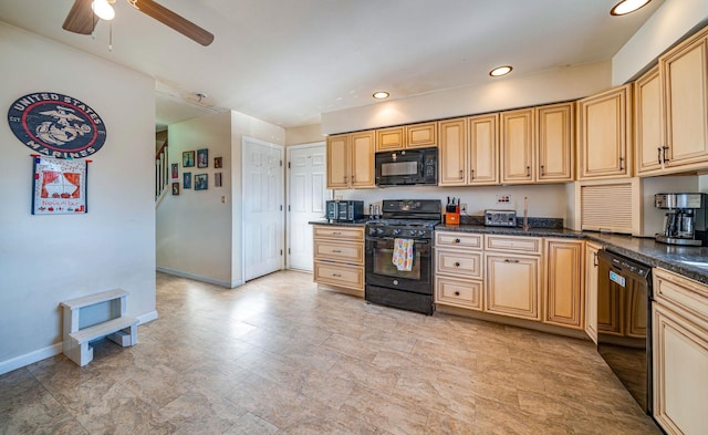 kitchen featuring ceiling fan, light brown cabinetry, and black appliances