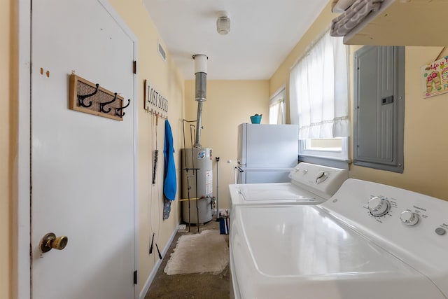 laundry area with water heater, electric panel, and independent washer and dryer