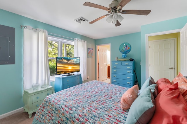 25 N 12th St, Del Haven, NJ 08251 - bedroom featuring electric panel, light carpet, baseboards, and a ceiling fan