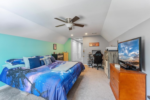 25 N 12th St, Del Haven, NJ 08251 - bedroom with vaulted ceiling, light colored carpet, an office area, baseboards, and ceiling fan