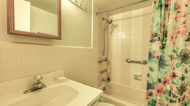 108 S Montpelier Ave Unit 211, Atlantic City, NJ 08401 - bathroom featuring shower / bath combo with shower curtain, tile walls, and vanity