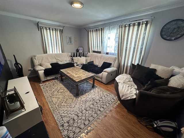 living room with hardwood / wood-style floors and ornamental molding