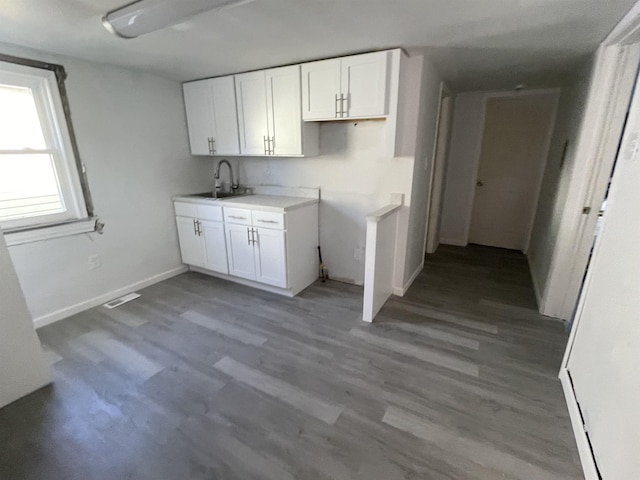 kitchen with white cabinetry, sink, and hardwood / wood-style flooring