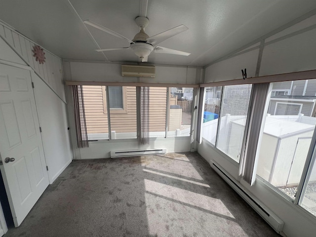 unfurnished sunroom featuring baseboard heating, a wall mounted AC, and vaulted ceiling