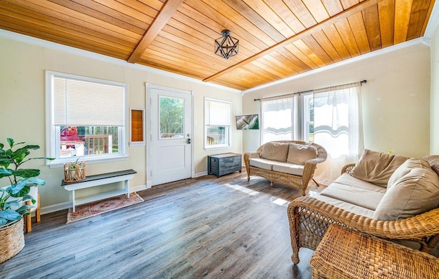 1731 Rte 47, Eldora, NJ 08270 - living area featuring a wooden ceiling with exposed beams, crown molding, and wood finished floors