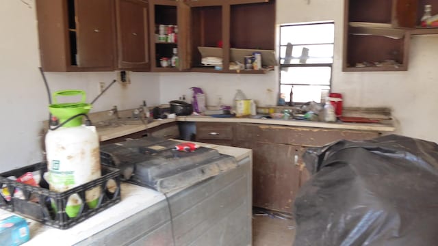 kitchen featuring open shelves and light countertops