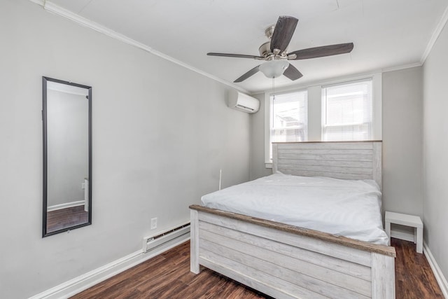 222 E Burk Ave Unit 5, Wildwood, NJ 08260 - bedroom featuring a wall mounted air conditioner, dark wood-type flooring, ornamental molding, a baseboard radiator, and baseboards