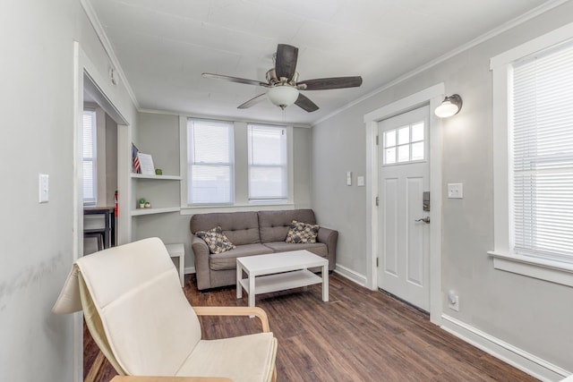 222 E Burk Ave Unit 5, Wildwood, NJ 08260 - living room with dark wood finished floors, baseboards, ceiling fan, and ornamental molding
