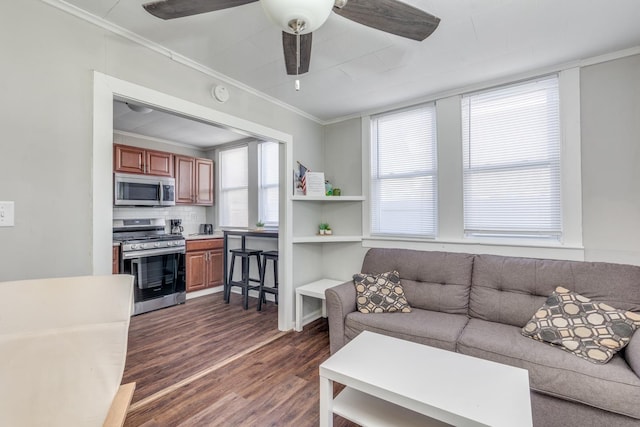 222 E Burk Ave Unit 5, Wildwood, NJ 08260 - living room with a ceiling fan, dark wood-style floors, and crown molding