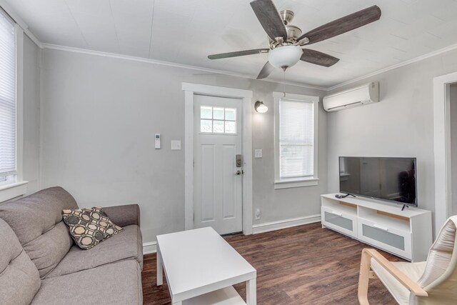 222 E Burk Ave Unit 5, Wildwood, NJ 08260 - living area featuring a wall unit AC, a ceiling fan, wood finished floors, baseboards, and crown molding
