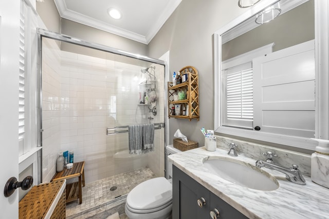 243 110th St, Stone Harbor, NJ 08247 - bathroom with ornamental molding, a stall shower, and vanity