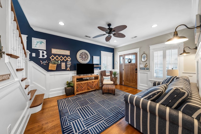 243 110th St, Stone Harbor, NJ 08247 - living room featuring ceiling fan, wainscoting, wood finished floors, recessed lighting, and crown molding