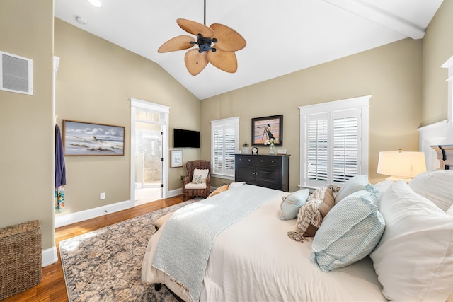 243 110th St, Stone Harbor, NJ 08247 - bedroom with vaulted ceiling, wood finished floors, ensuite bathroom, and ceiling fan