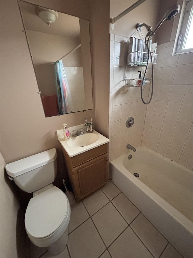 full bathroom featuring shower / bathtub combination with curtain, vanity, tile patterned floors, and toilet