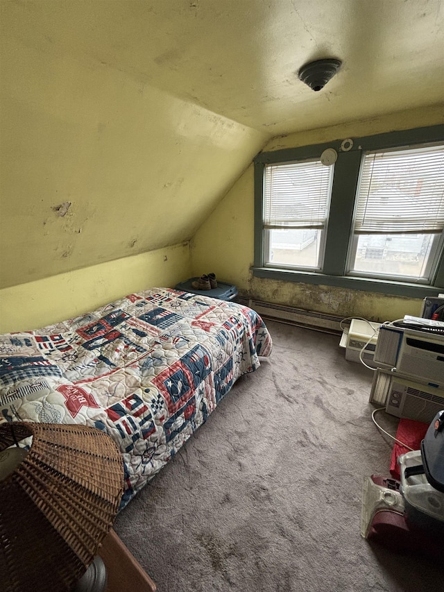 bedroom featuring vaulted ceiling and carpet