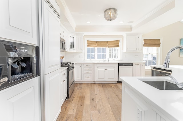 kitchen with a raised ceiling, white cabinets, and appliances with stainless steel finishes