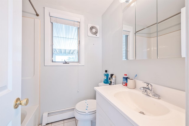 full bathroom featuring tile patterned flooring, a baseboard heating unit, shower / bath combination, toilet, and vanity