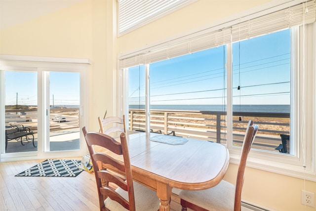 sunroom / solarium with a water view and baseboard heating