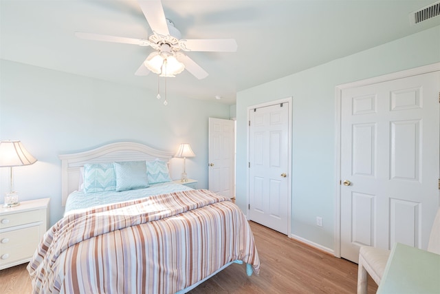 bedroom featuring ceiling fan and light hardwood / wood-style flooring