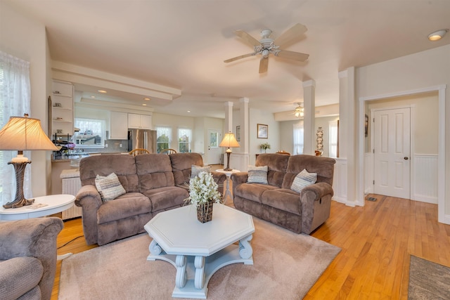 119 Stevens St, West Cape May, NJ 08204 - living area featuring ceiling fan, light wood-style flooring, recessed lighting, and radiator