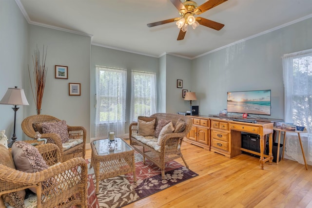 119 Stevens St, West Cape May, NJ 08204 - living area featuring light wood-type flooring, a ceiling fan, an office area, and crown molding