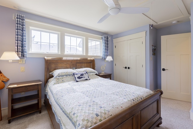 310 Brainard Ave, Cape May Point, NJ 08212 - bedroom featuring light carpet, attic access, a closet, and a ceiling fan