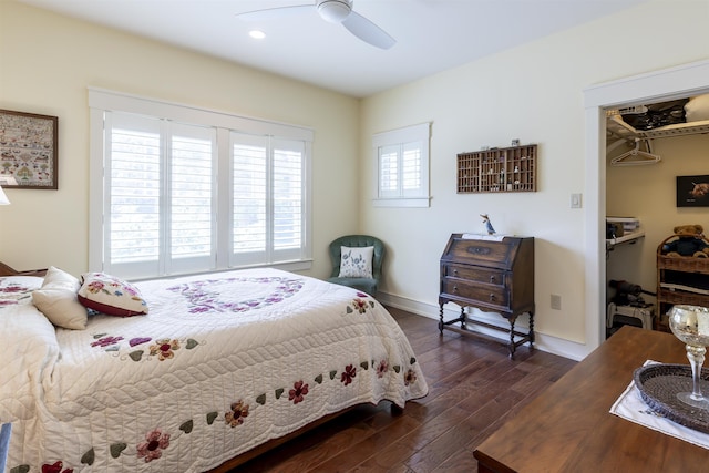 310 Brainard Ave, Cape May Point, NJ 08212 - bedroom featuring dark wood-style flooring, a walk in closet, recessed lighting, a ceiling fan, and baseboards