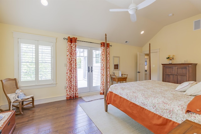 310 Brainard Ave, Cape May Point, NJ 08212 - bedroom featuring access to exterior, french doors, dark wood-style flooring, vaulted ceiling, and recessed lighting