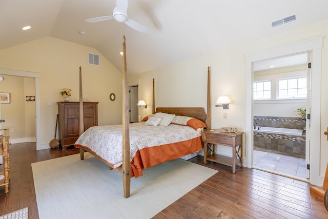 310 Brainard Ave, Cape May Point, NJ 08212 - bedroom with dark wood-type flooring, vaulted ceiling, recessed lighting, a ceiling fan, and connected bathroom