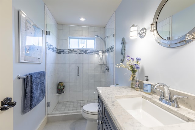 310 Brainard Ave, Cape May Point, NJ 08212 - full bath with a shower stall, toilet, vanity, recessed lighting, and tile patterned flooring
