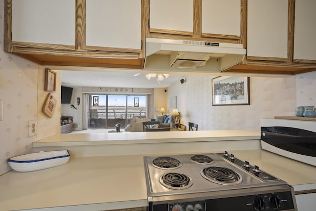 14 Genoa Ct Unit 14, Ocean City, NJ 08226 - kitchen with wallpapered walls, range with electric cooktop, white microwave, light countertops, and under cabinet range hood
