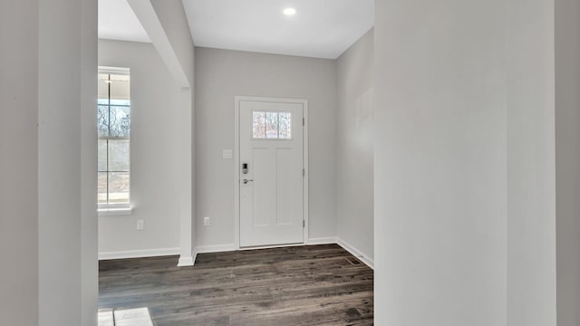 foyer entrance with dark wood-type flooring and a wealth of natural light