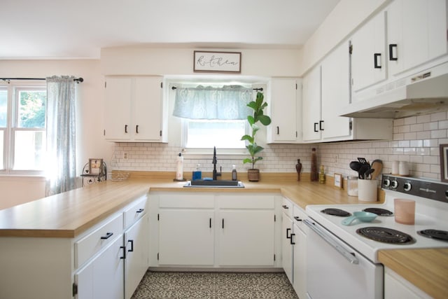 kitchen featuring white cabinetry, sink, white electric range, kitchen peninsula, and decorative backsplash