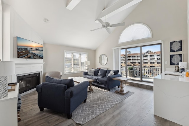 living room featuring dark hardwood / wood-style flooring, ceiling fan, sink, and high vaulted ceiling