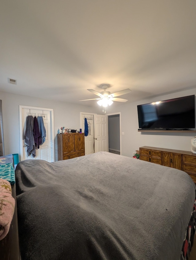 bedroom with ceiling fan and visible vents