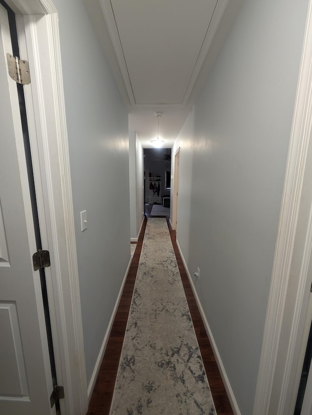 corridor with attic access, baseboards, and dark wood-type flooring