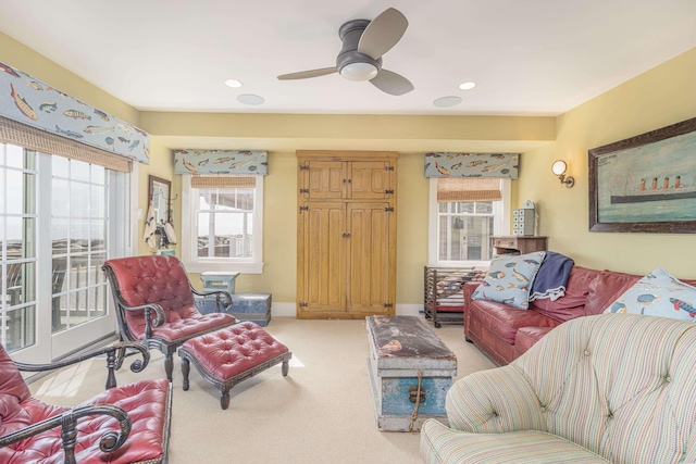 74 W 7th St, Avalon, NJ 08202 - living area featuring carpet flooring, a ceiling fan, and recessed lighting