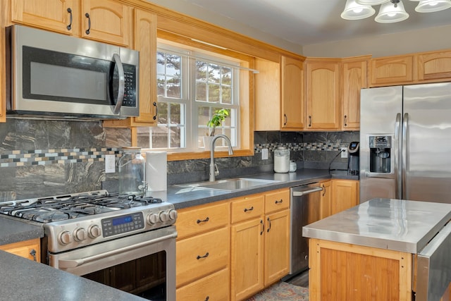 15 4th Ave, Cape May Court House, NJ 08210 - kitchen with appliances with stainless steel finishes, decorative backsplash, light brown cabinetry, and dark countertops