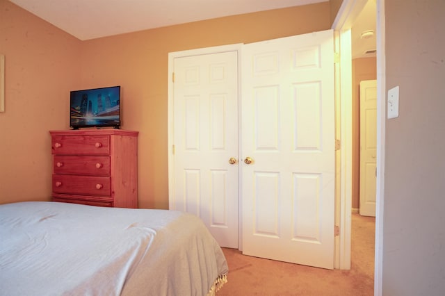 bedroom with a closet and light colored carpet