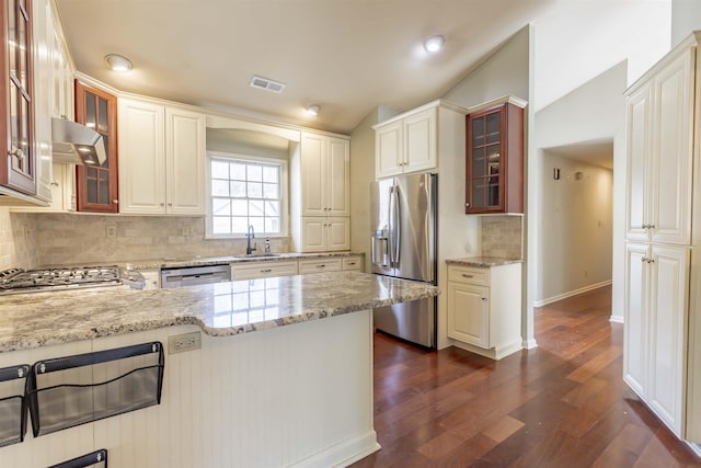 kitchen featuring ventilation hood, light stone counters, stainless steel appliances, visible vents, and a sink