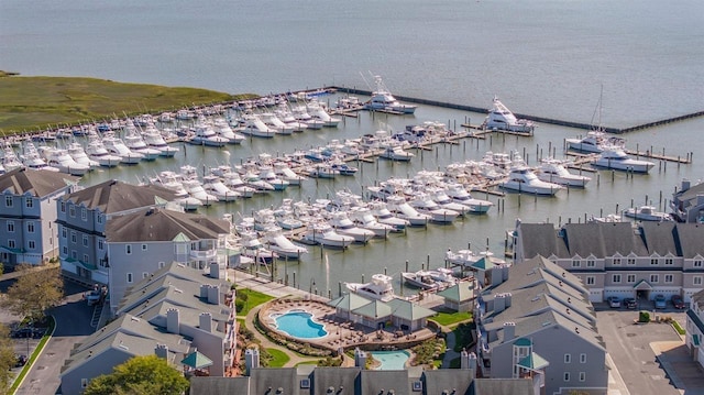 aerial view with a water view and a residential view